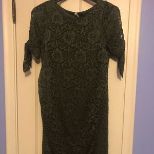 Olive Lace Overlay Sleeve Tie Fitted Dress
